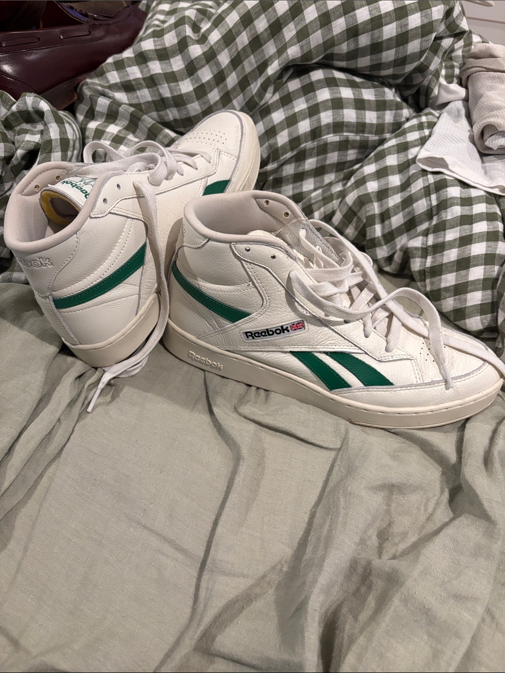Reebok White High-Top Sneakers with Green Accent Stripes